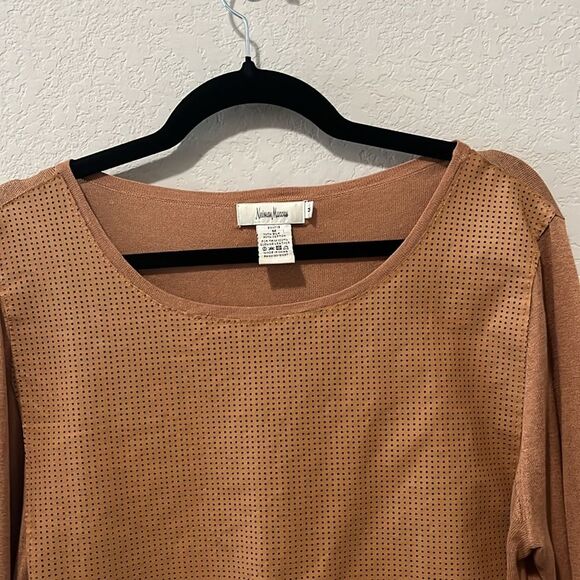 NEIMAN MARCUS Perforated Leather Front and Silk Cognac Long Sleeve Shirt, Size M - Picture 3 of 8